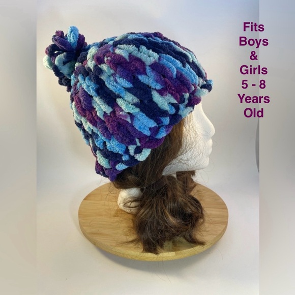 Handmade Kid’s Super Soft & Cozy Winter Hat With Loopy Pom-Pom - Purple & Blue - Picture 1 of 9